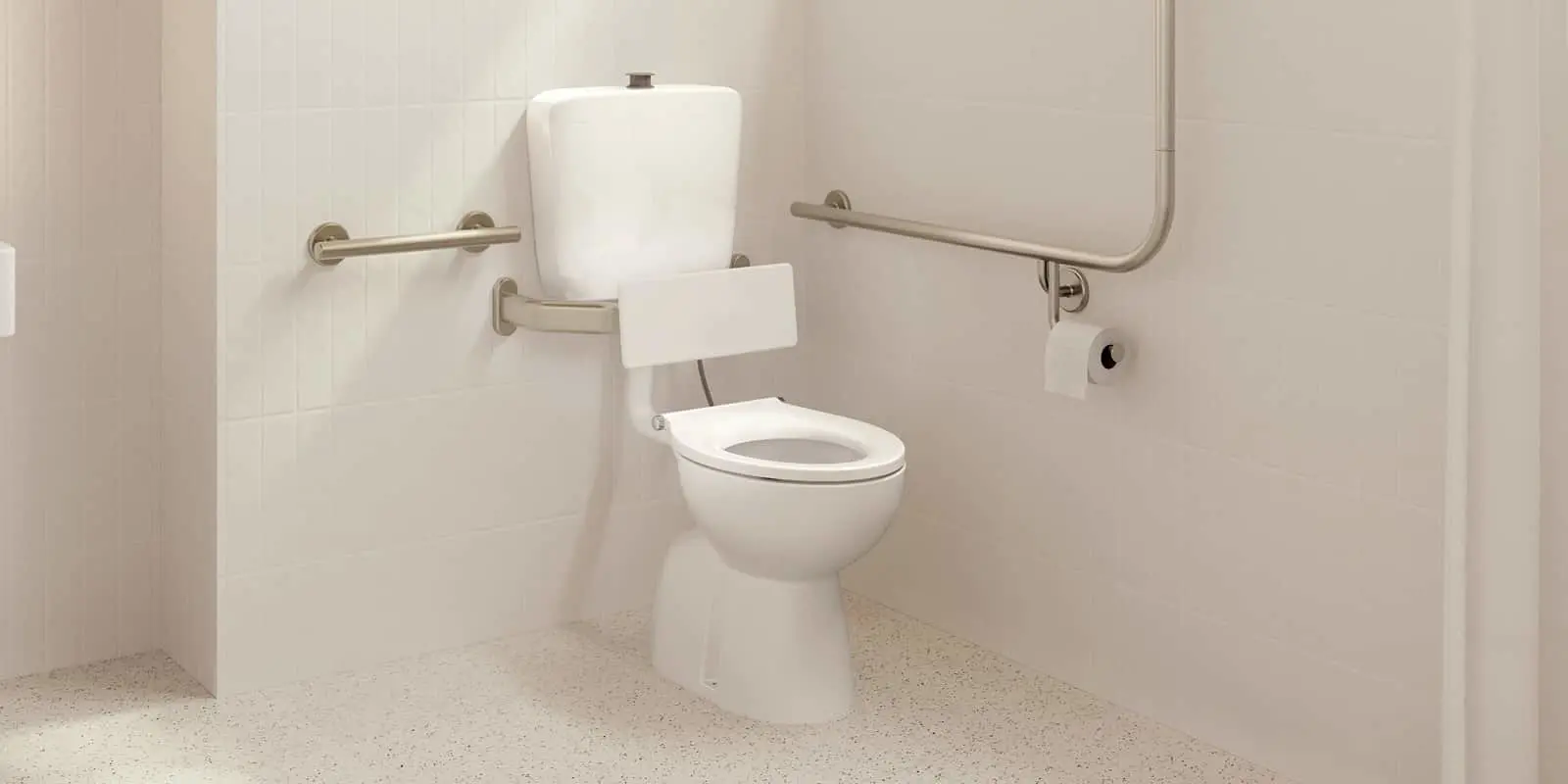Accessible bathroom with white toilet, metal grab bars, and toilet paper holder in a clean tiled space.