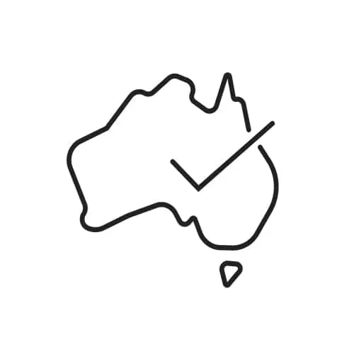 Simple black outline of Australia with a checkmark drawn across the continent.