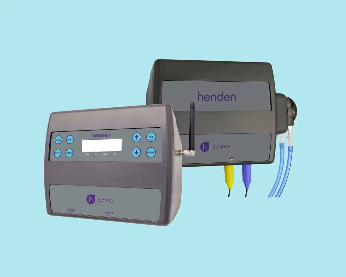 Two Henden pool equipment control units - a Control panel with digital display and a Balance unit with pH sensors on light blue background.