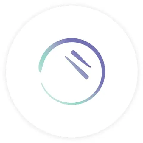 Circular icon with gradient purple and teal outline featuring two diagonal lines in the center.