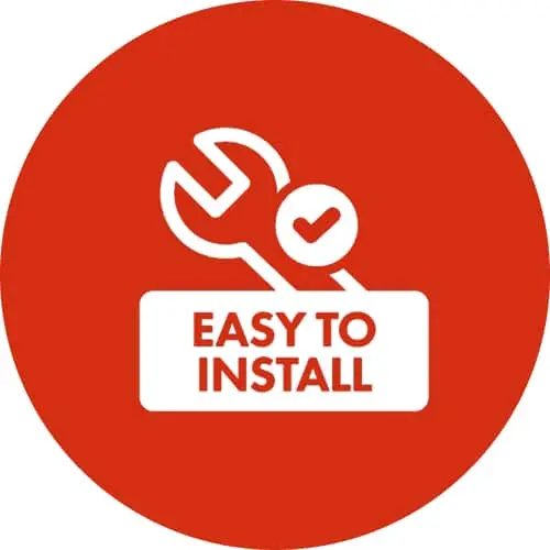 Red circular icon with white wrench and checkmark symbols above text reading "EASY TO INSTALL"