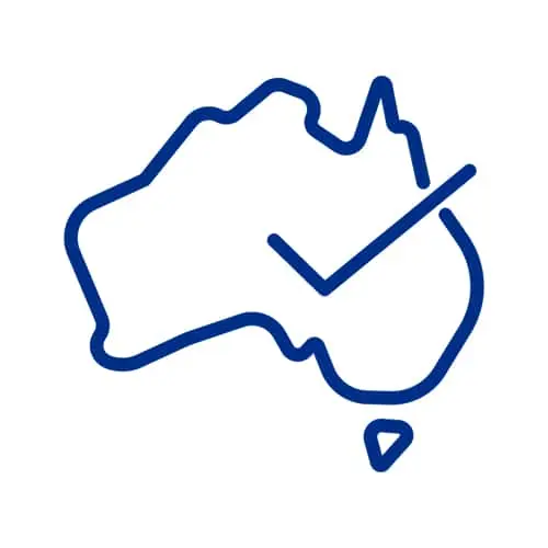 Blue outline of Australia with a checkmark symbol inside the continent shape.