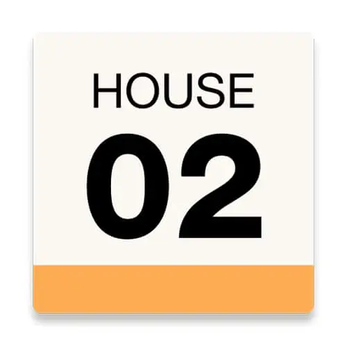 A square sign with "HOUSE 02" in black text on a cream background with an orange bottom border.