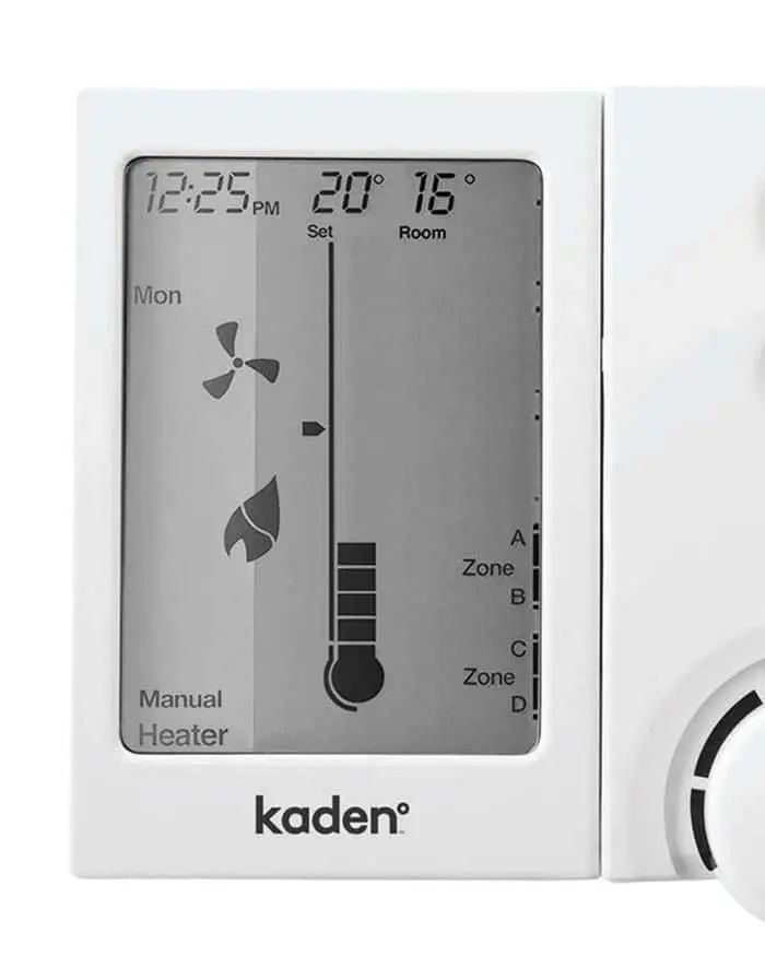 Digital thermostat display showing 12:25 PM, set temperature 20°, room temperature 16°, with fan and heater controls.