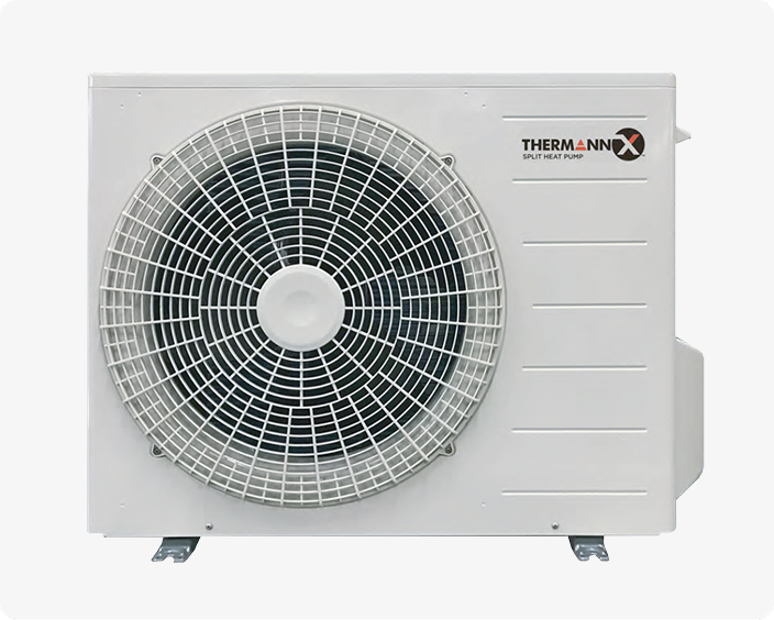 White outdoor unit of a Thermannx split heat pump with circular fan grille on a light background.