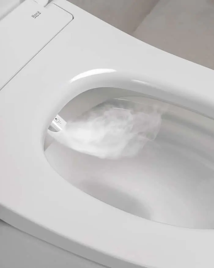 White toilet bowl with water and steam coming from a bidet spray nozzle visible on the left side.