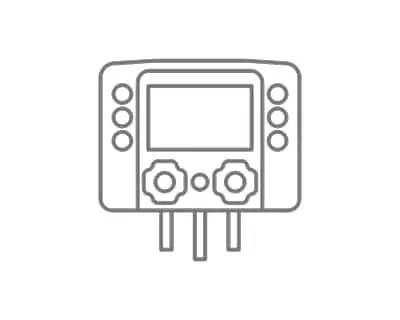 Simple line drawing of a digital controller or thermostat with display screen and control buttons