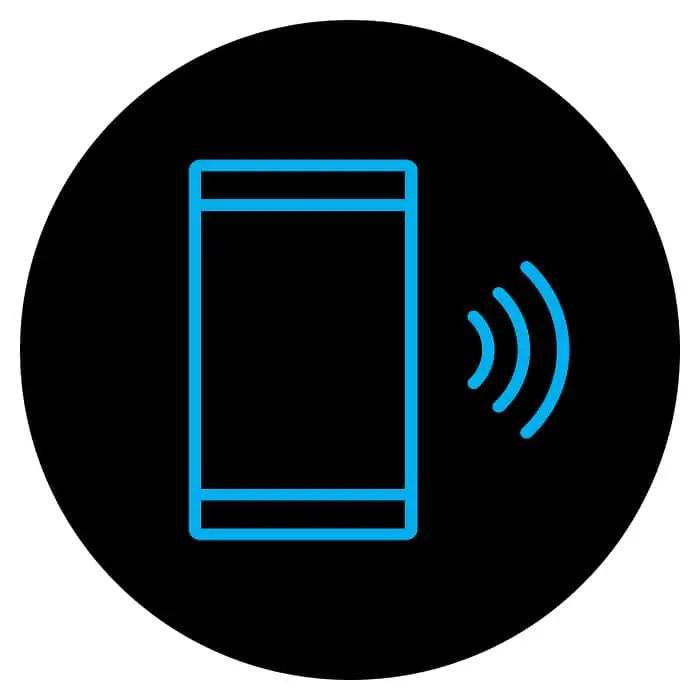 Blue icon of a smartphone with wireless signal waves on a black circular background.
