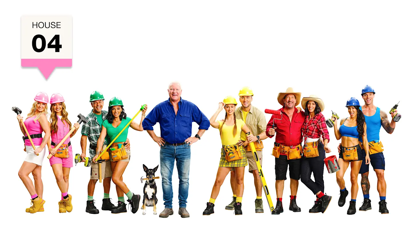 Group photo of The Block 2026 contestants, holding tools like hammers and drills, wearing hard hats. Text reads House 04 and points to the couple wearing pink.