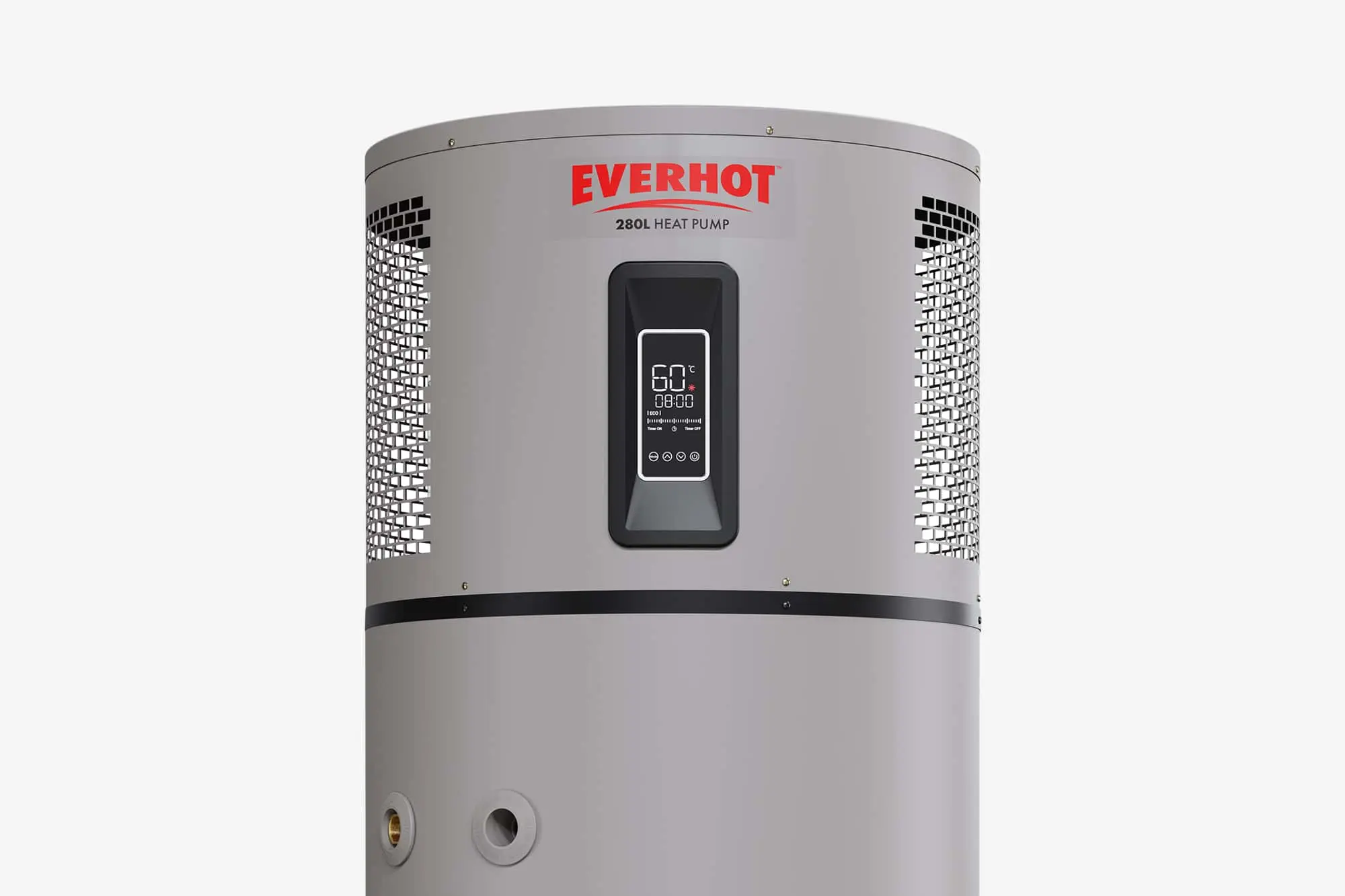 Everhot 280L heat pump water heater with digital control panel showing 60°C temperature and ventilation grilles on sides.