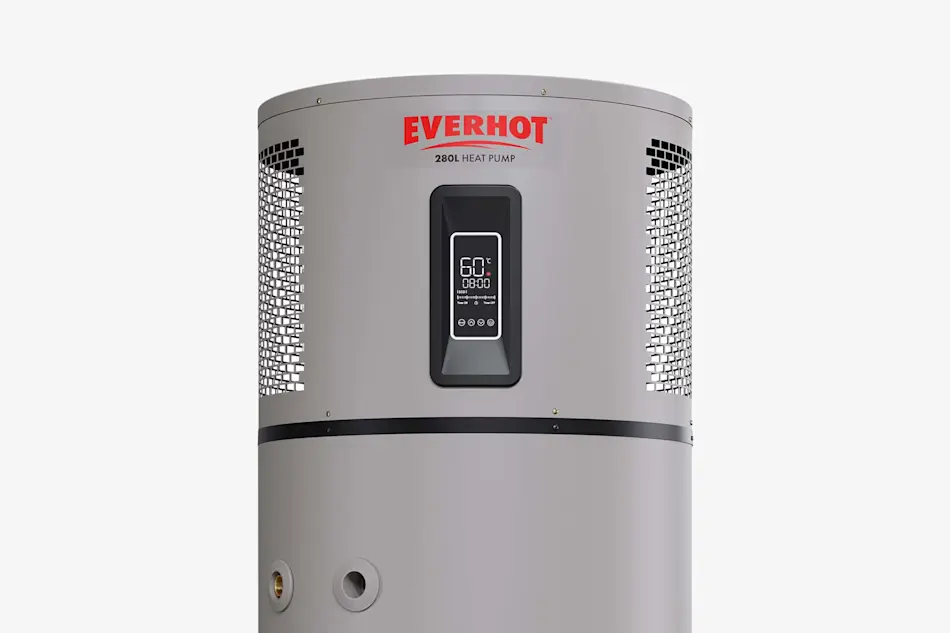 Everhot 280L heat pump water heater with digital control panel showing 60°C temperature and ventilation grilles on sides.