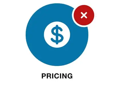 Blue circular icon with dollar sign and red cancel button, labeled "PRICING" underneath.
