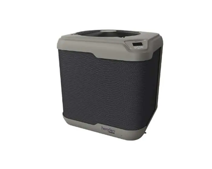 Square-shaped heat pump unit with black mesh sides and gray top and bottom panels.