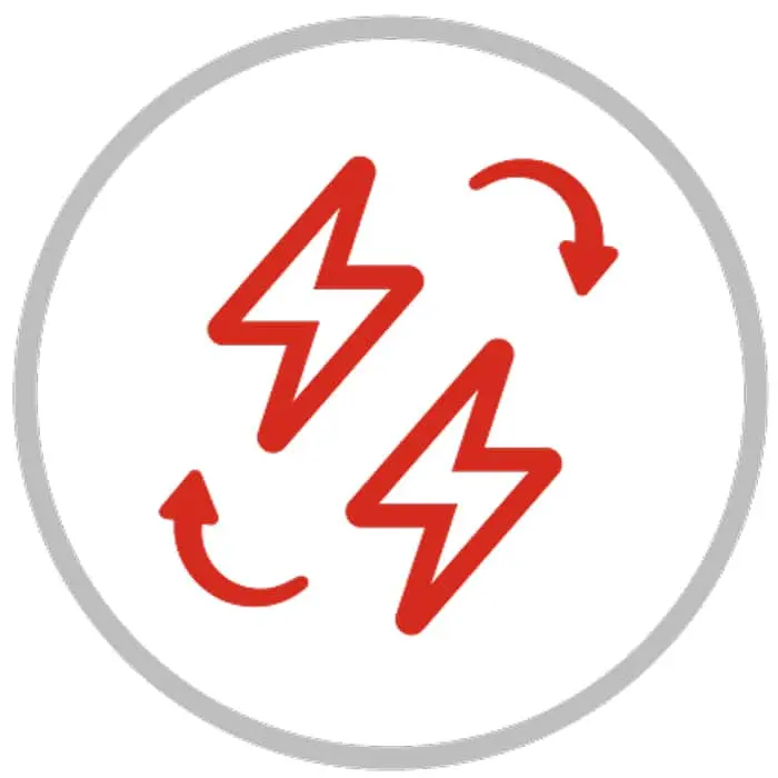 Red lightning bolts with circular arrows in a gray circle, representing energy recycling or power conversion.