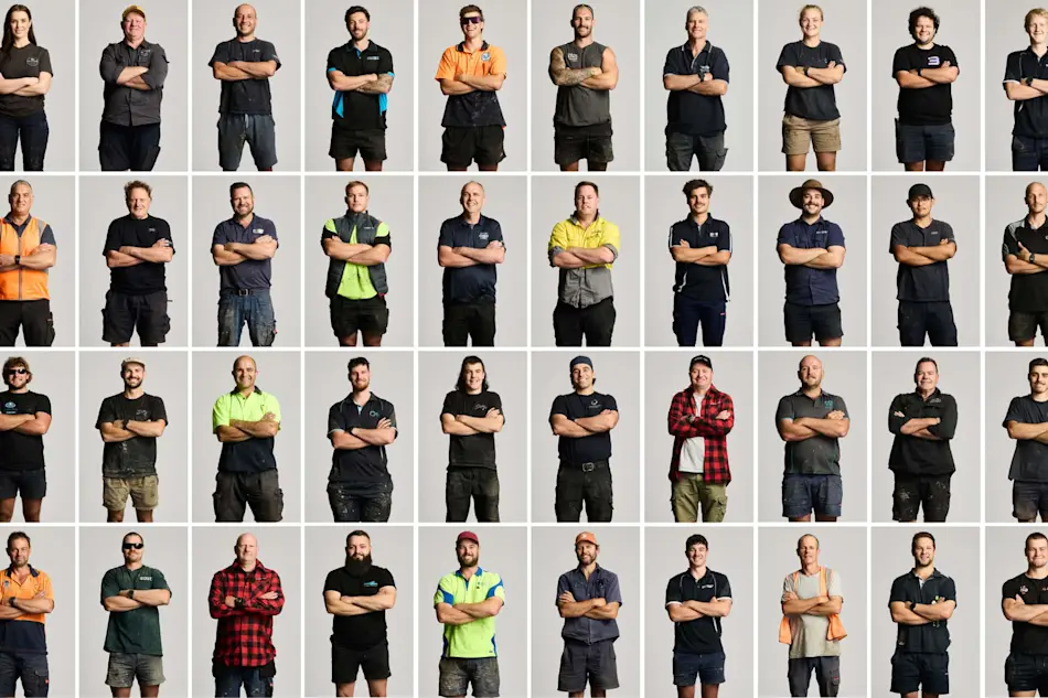 Grid of workers in various uniforms standing with arms crossed against a gray background, representing different trades.