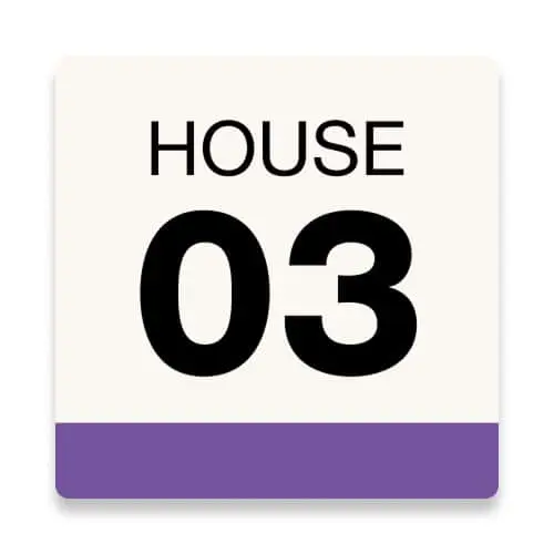 Square sign with "HOUSE 03" in black text on cream background with purple bottom border.