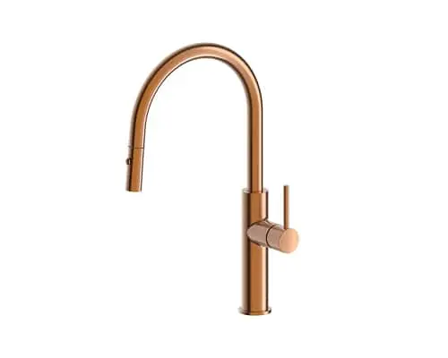 Mizu Soothe bronze kitchen faucet with high arched spout and minimalist cylindrical handle design.