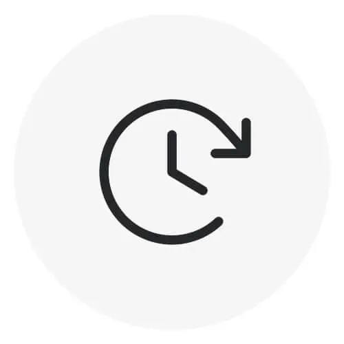 Dark gray clock icon with a circular arrow indicating refresh or reset, on a light gray circular background.
