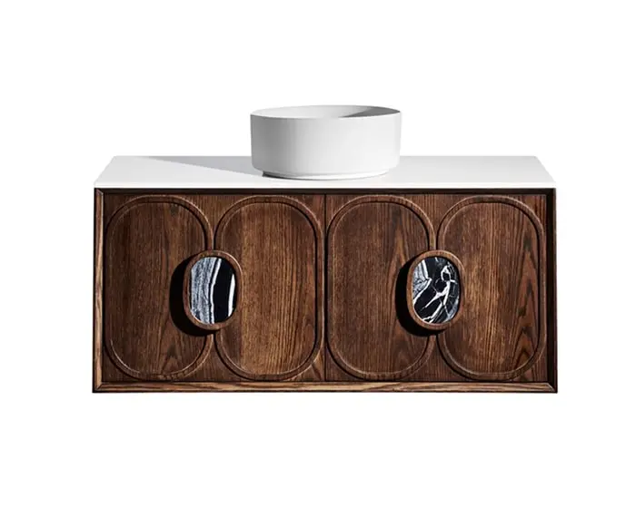 ISSY Blossom vanity in dark timber with single basin.