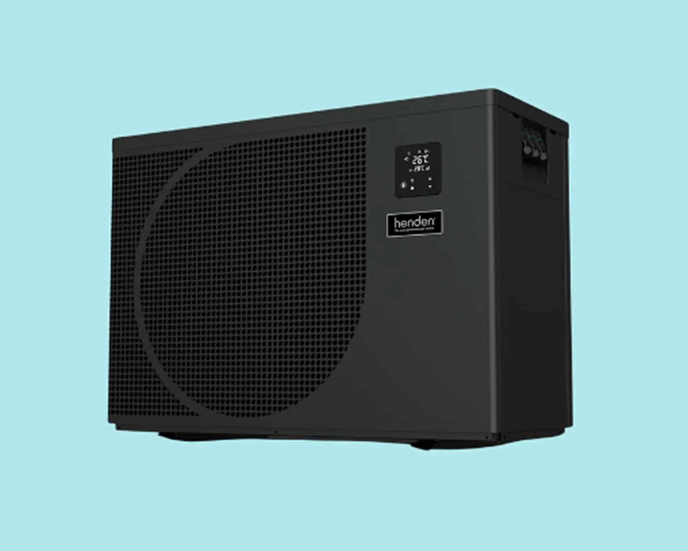 Black Henden heat pump unit with ventilation grille and control panel against light blue background.