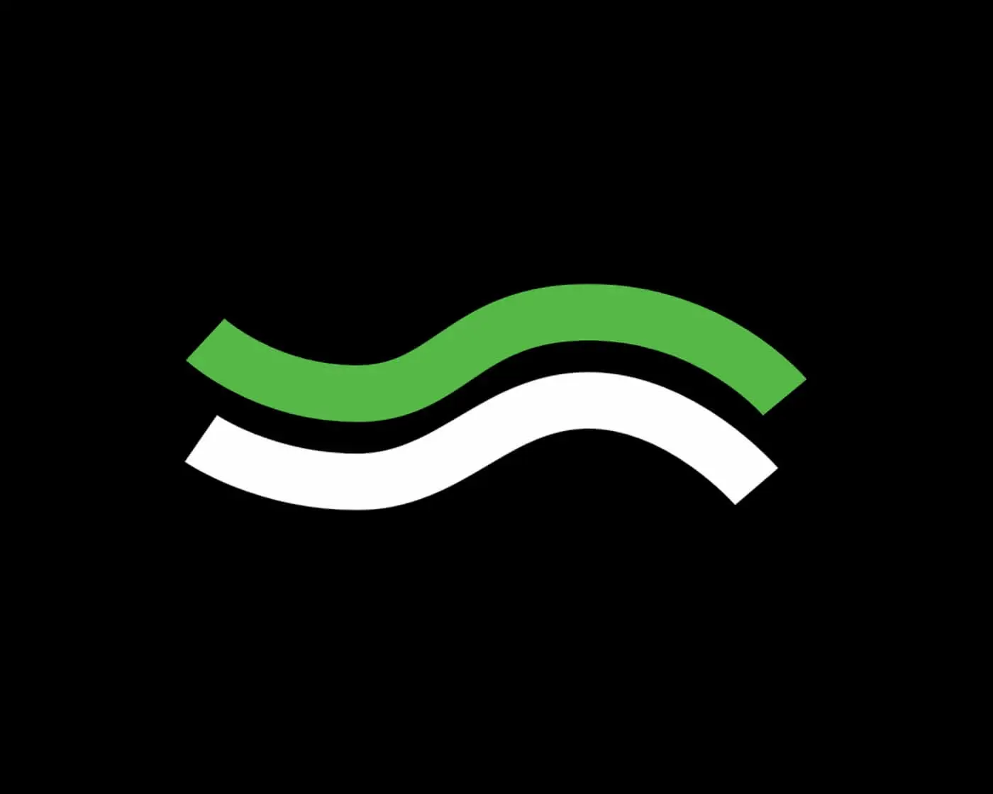 Two wavy lines, one green and one white, forming a stylized logo on a black background.