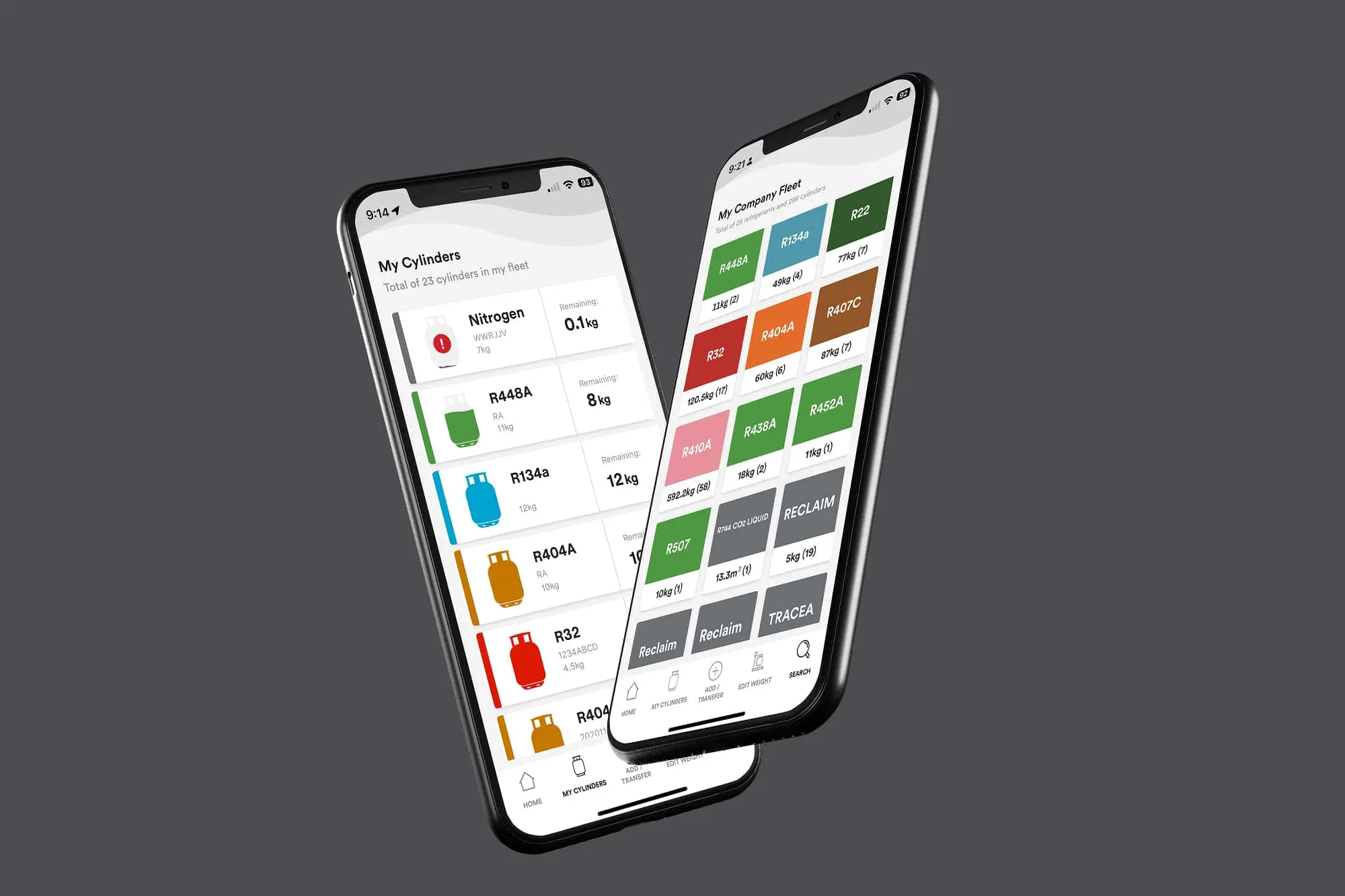 Two smartphones displaying refrigerant management app screens showing cylinder inventory and company fleet information.
