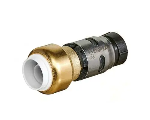 Brass and black plumbing fitting with white connector end, showing a push-to-connect pipe coupling component.