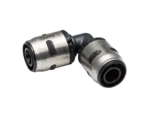 Metal elbow pipe fitting with silver connectors and black rubber seal, used for plumbing or hydraulic systems.