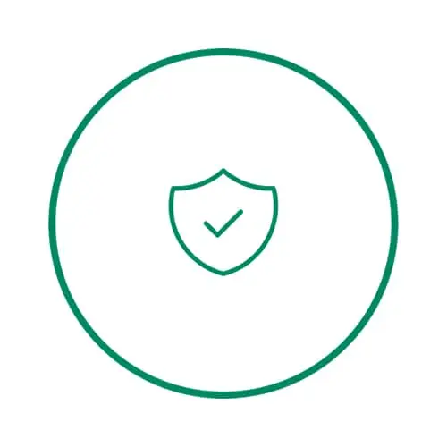 Green outline of a shield with a checkmark inside, surrounded by a circular border.