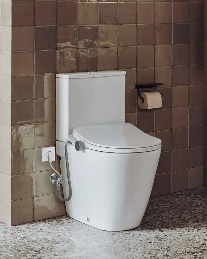 White toilet with bidet attachment against brown tiled wall with toilet paper holder mounted nearby.