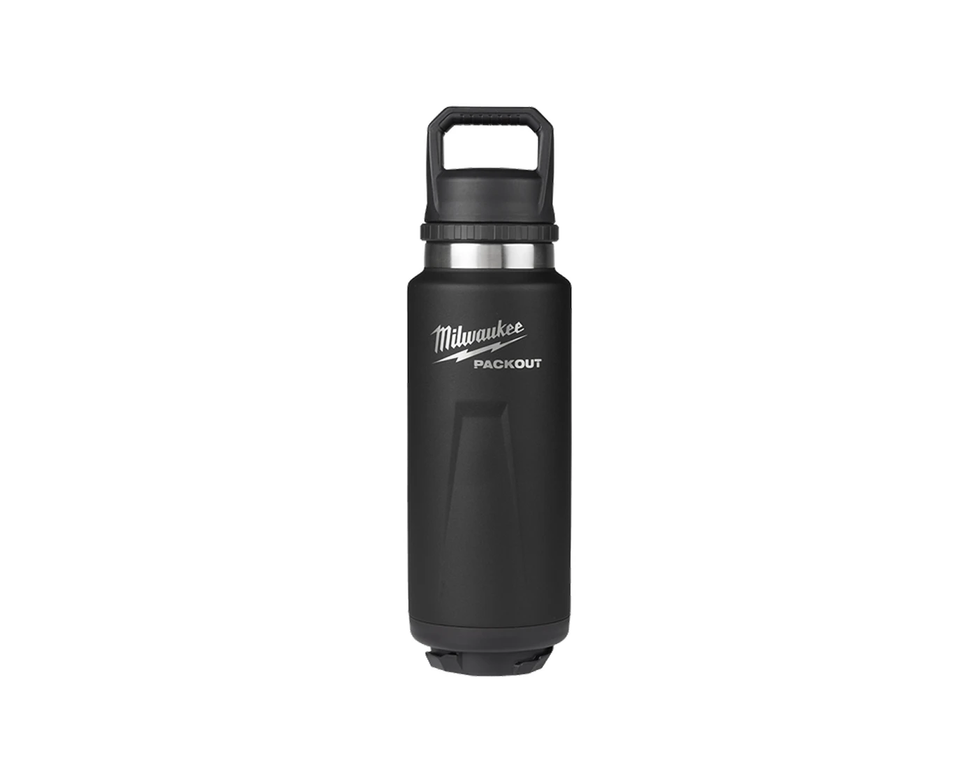 Black Milwaukee PACKOUT insulated water bottle with a carry handle lid, silver neck ring, and textured body on white background.