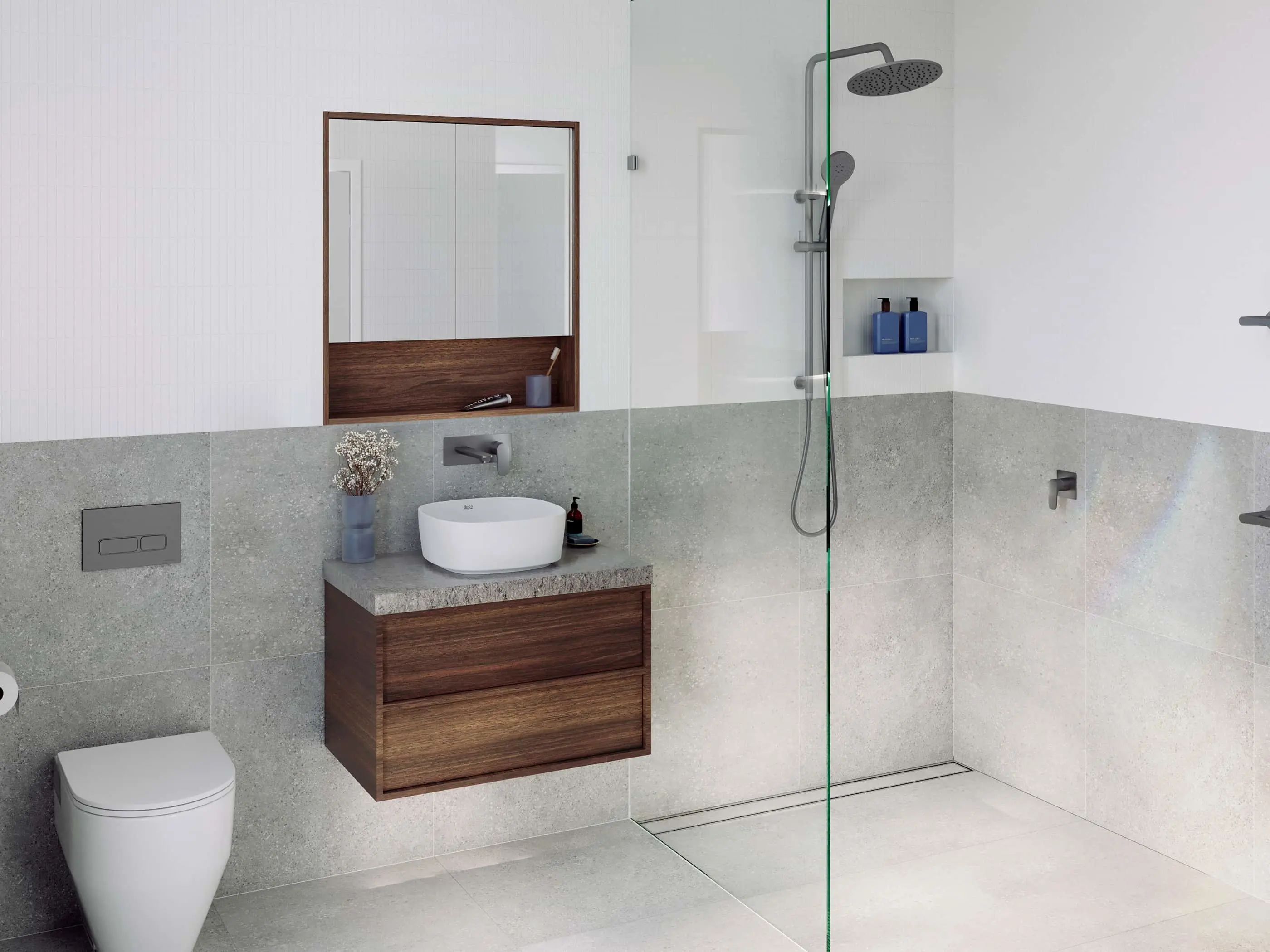 Modern bathroom with gray stone walls, wooden vanity, white sink, glass shower enclosure, and minimalist fixtures.