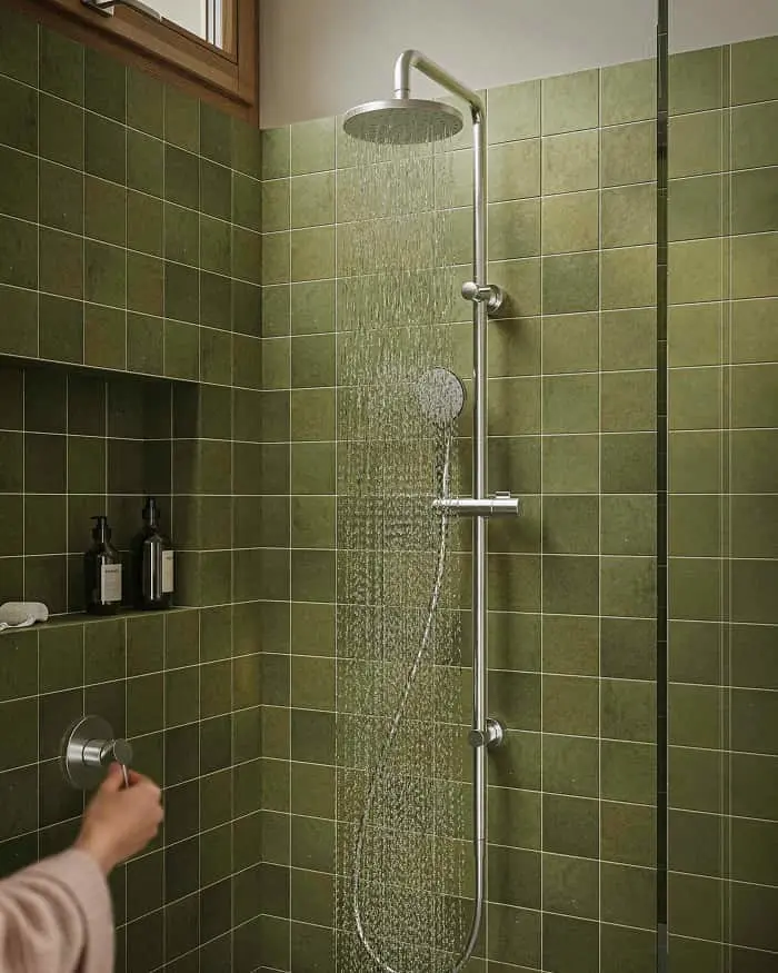 Modern bathroom shower with running water, green tile walls, chrome fixtures, and a hand reaching for the control knob.