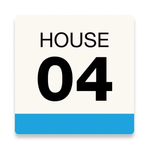 Sign with "HOUSE 04" in black text on cream background with blue bottom border