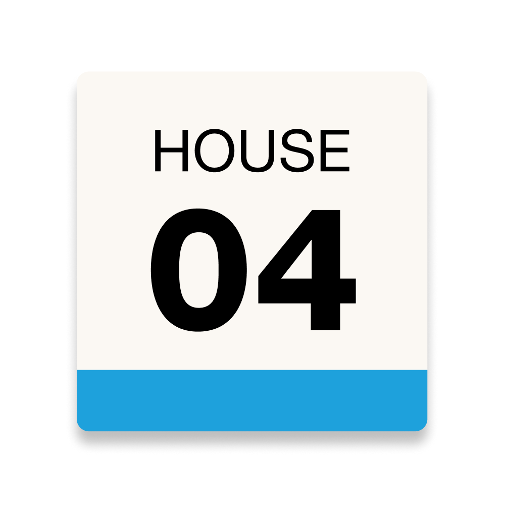 Sign with "HOUSE 04" in black text on cream background with blue bottom border