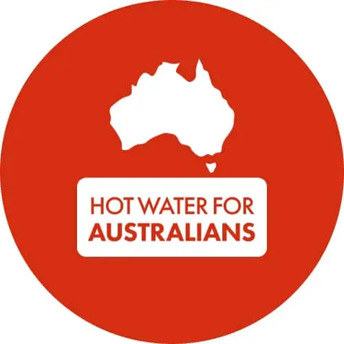 Red circular logo with white silhouette of Australia and text "HOT WATER FOR AUSTRALIANS"