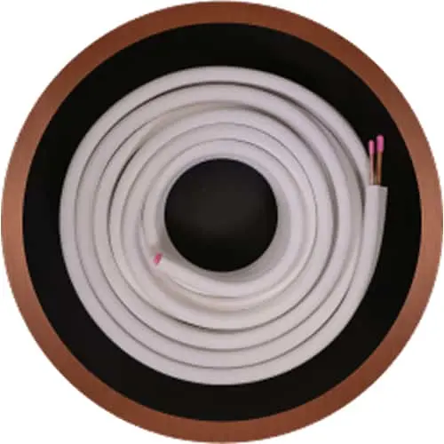 Coiled white cable with exposed wires viewed from above in a circular copper and black frame.