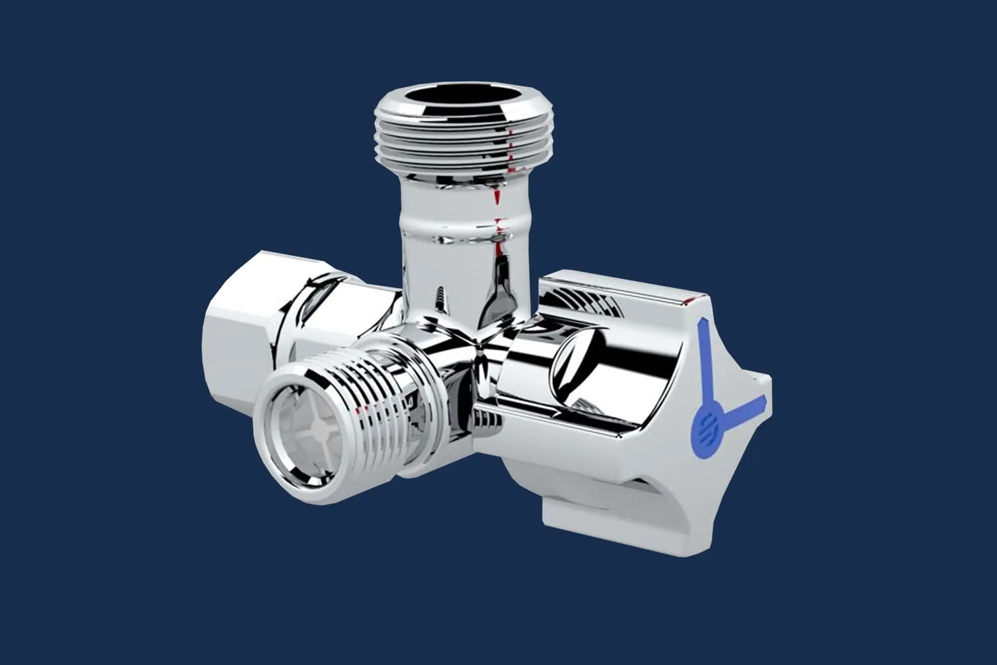 Chrome plumbing valve with blue handle indicator against dark blue background.