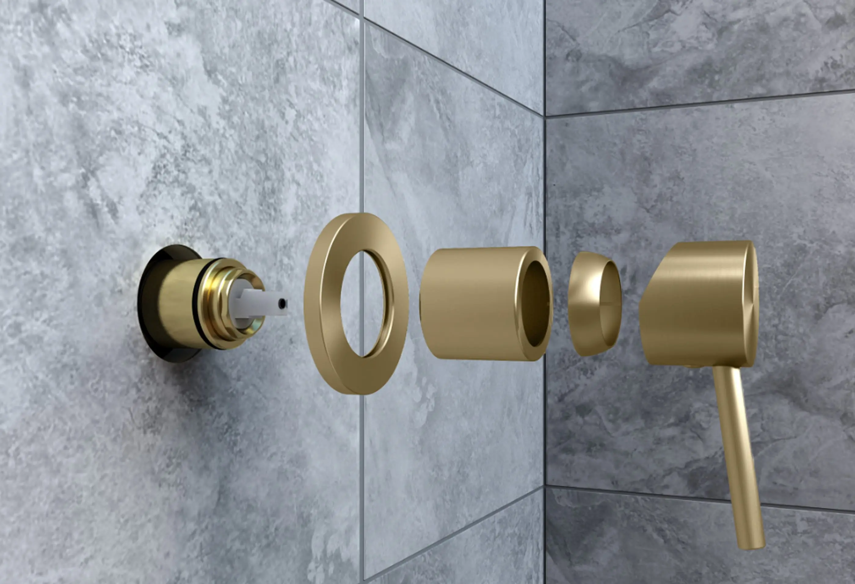 Exploded view of brass bathroom fixture components against gray marble tile wall, showing installation process.