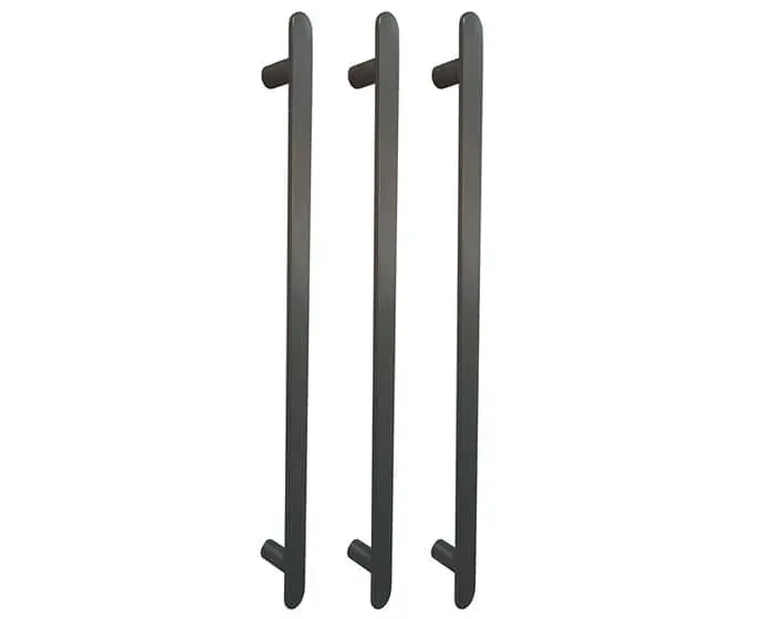 Three, vertical Mizu Soothe towel rails in brushed gunmetal