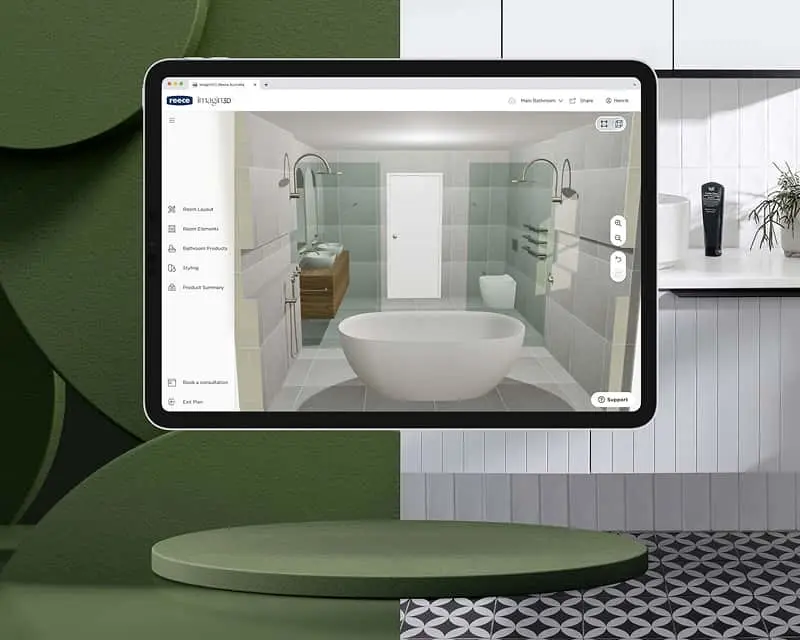 Tablet displaying a 3D bathroom design application showing a modern bathroom with freestanding tub and green tile accents.