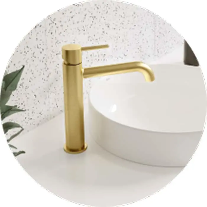 Gold bathroom faucet with white vessel sink against speckled wall background, green plant leaves visible.