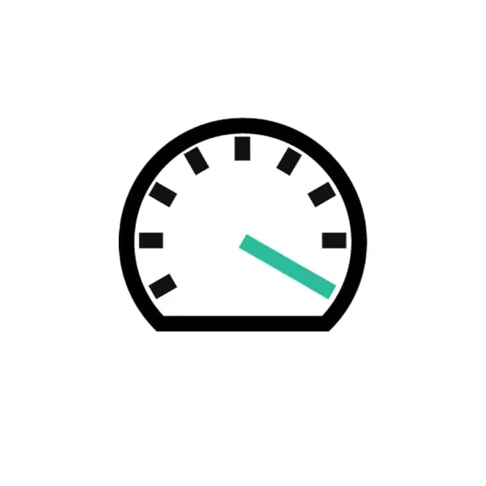 A simple speedometer icon with black outline and teal needle pointing to the right, indicating moderate speed.