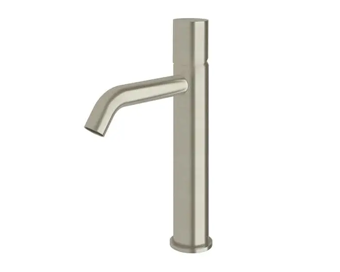 A brushed nickel Milli Pure basin mixer with curved spout