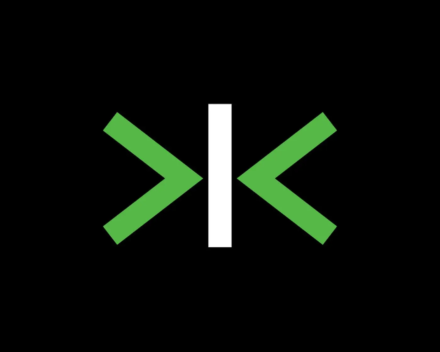 Minimalist logo featuring two green arrows pointing inward with a white vertical line in the center on a black background.
