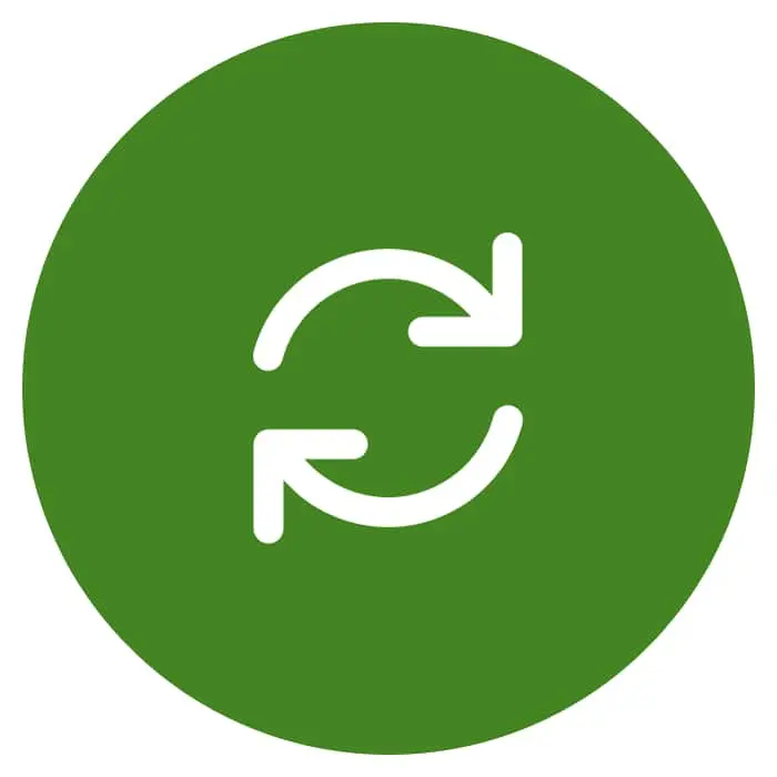 Green circular icon with white refresh or reload symbol showing two curved arrows forming a circle.