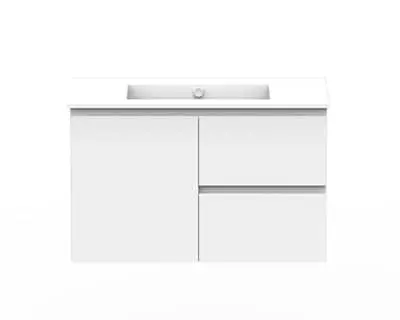 White Posh Domaine bathroom vanity with one door and two drawers, featuring a rectangular sink on top.