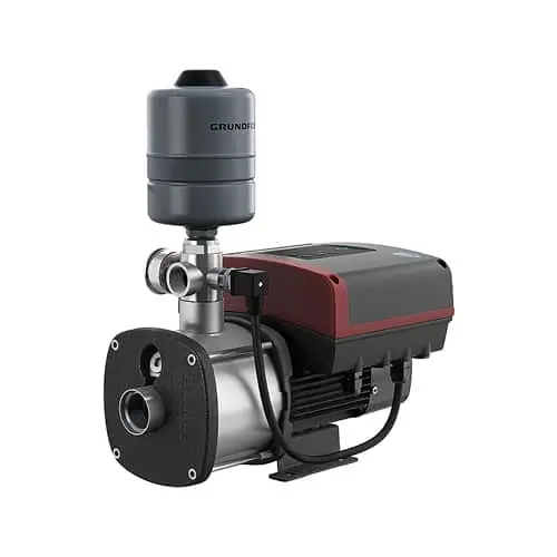 Grundfos water pump with gray pressure tank on top and black and red motor housing