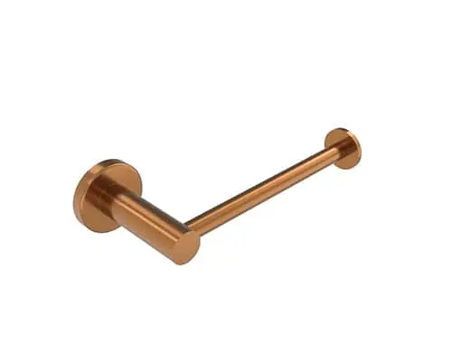 Mizu Drift bronze-colored metal toilet paper holder with minimalist design featuring circular wall mounts and horizontal rod.