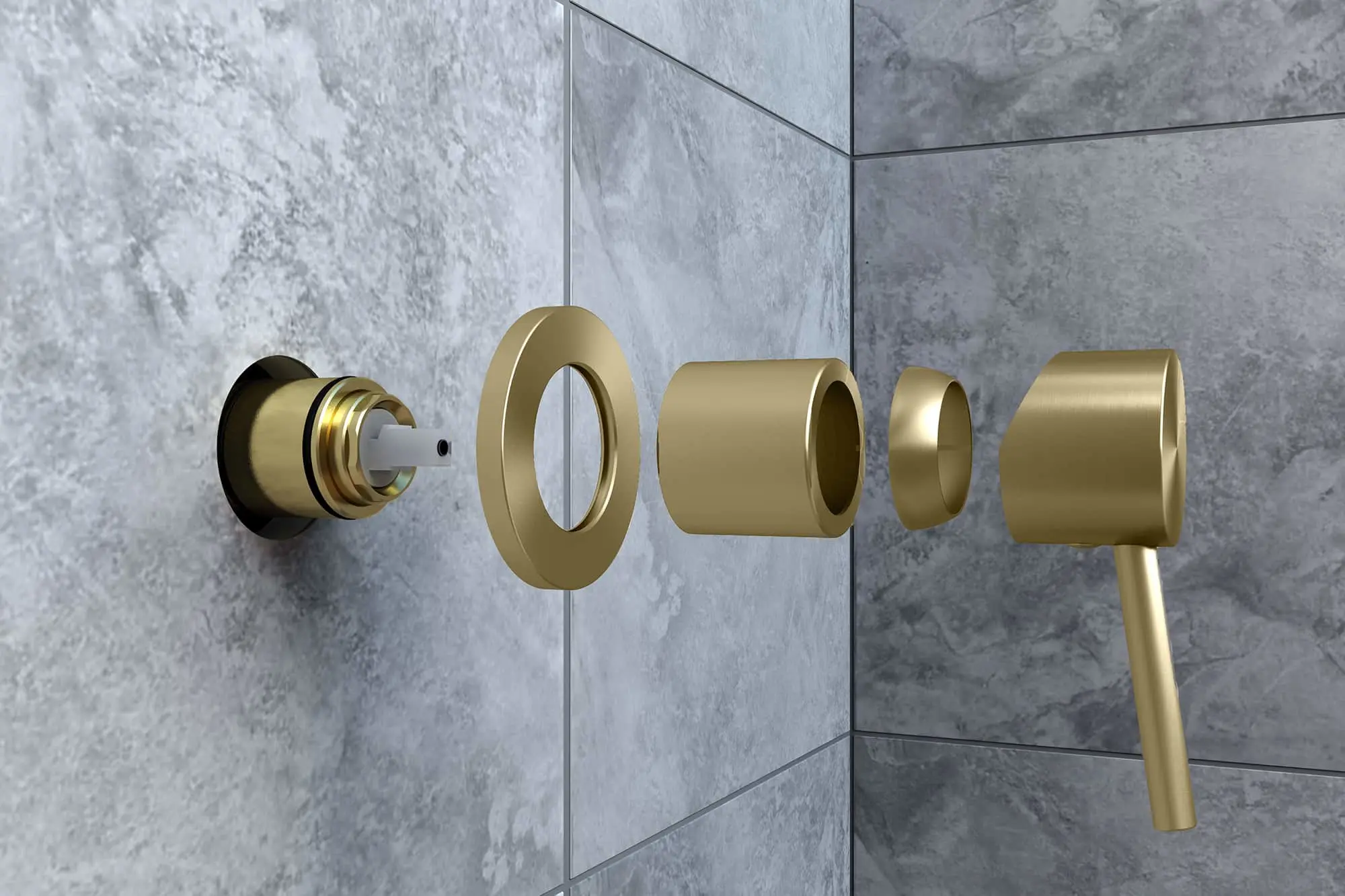Disassembled brass shower fixture components shown against gray marble tile wall in bathroom installation.